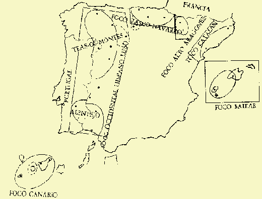 Extensin y focos geogrficos de la flauta y el tamboril - Fuente: 'La Gaita y el Tamboril', A. Jambrina y J.R. Cid Cebrin